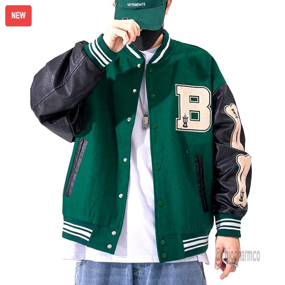 Varsity Jacket with PU Leather Sleeves and Letter Patch